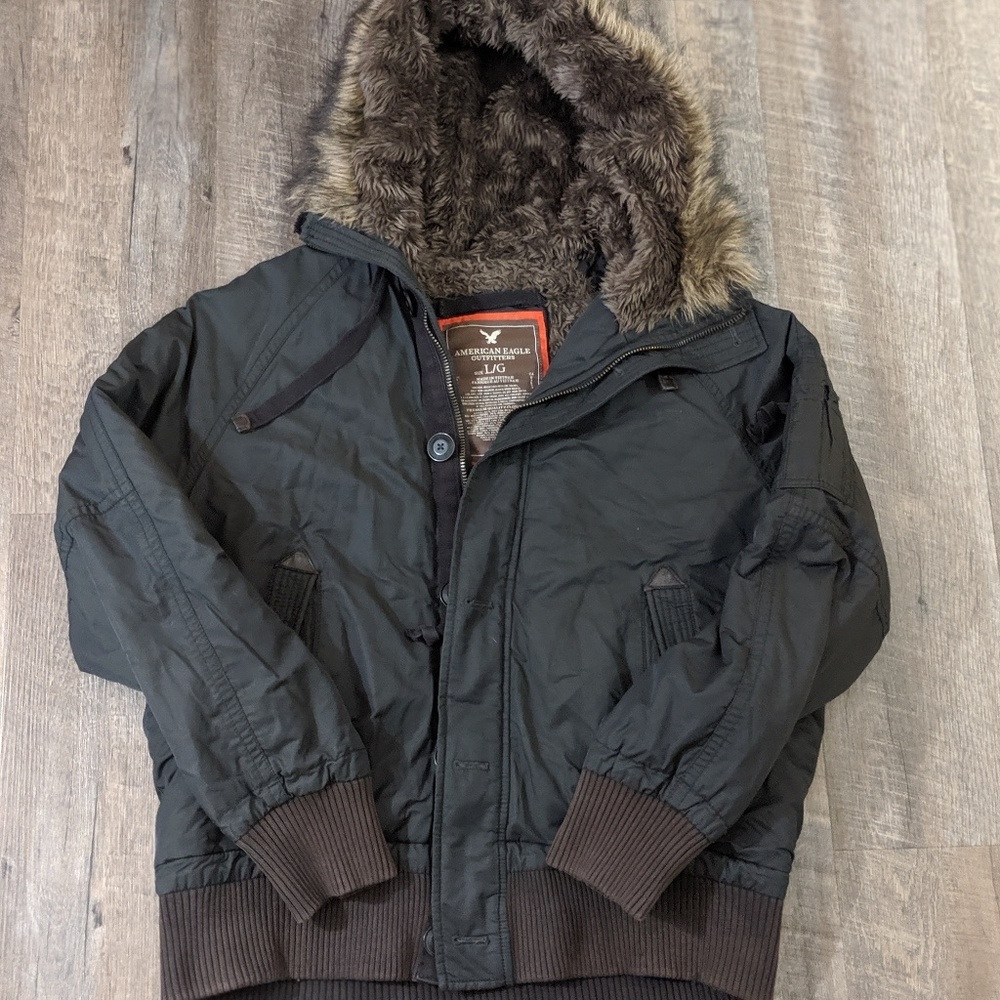 American Eagle Gray Bomber Coat Faux Fur Hood
